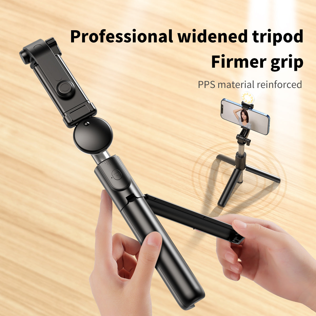 KH1S Folding Live-stream Cell Phone Tripod Retractable Bluetooth Selfie Stick with Ring Light (1m)