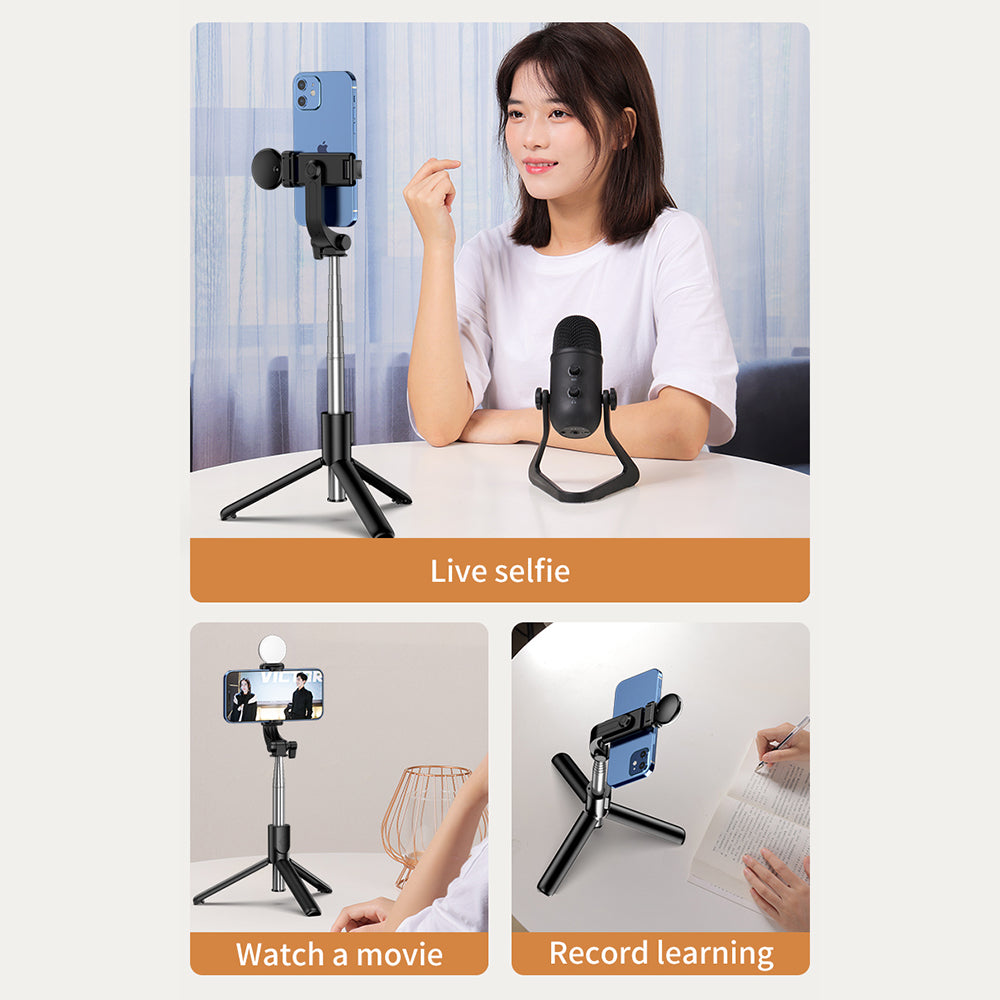 KH1S Folding Live-stream Cell Phone Tripod Retractable Bluetooth Selfie Stick with Ring Light (1m)