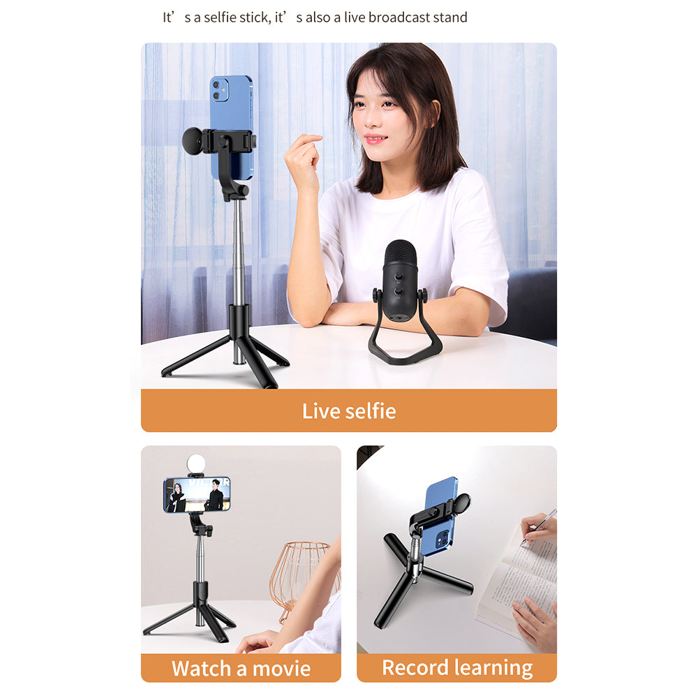 KH1S Retractable Live-stream Cell Phone Stand Folding Bluetooth Selfie Stick Tripod with Fill Light (0.7m)
