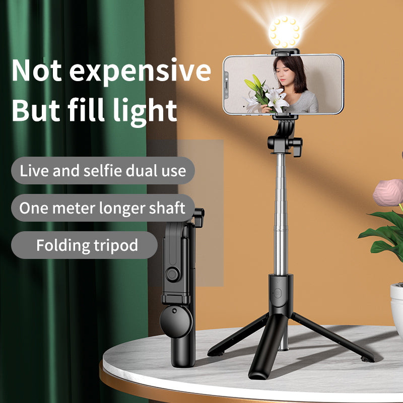 KH1S Retractable Live-stream Cell Phone Stand Folding Bluetooth Selfie Stick Tripod with Fill Light (0.7m)