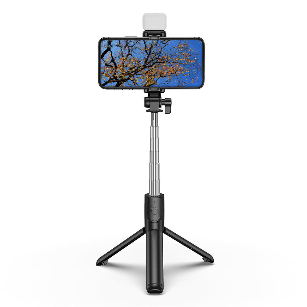 H1S 100cm Retractable Integrated Bluetooth Tripod Phone Holder Portable Adjustable Selfie Stick with Light - Black
