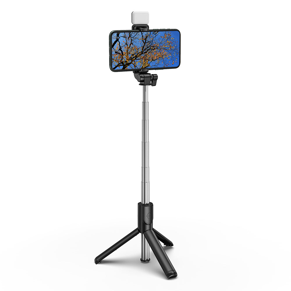 H1S 100cm Retractable Integrated Bluetooth Tripod Phone Holder Portable Adjustable Selfie Stick with Light - Black