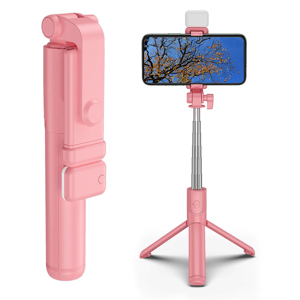 H1S 100cm Retractable Integrated Bluetooth Tripod Phone Holder Portable Adjustable Selfie Stick with Light - Pink