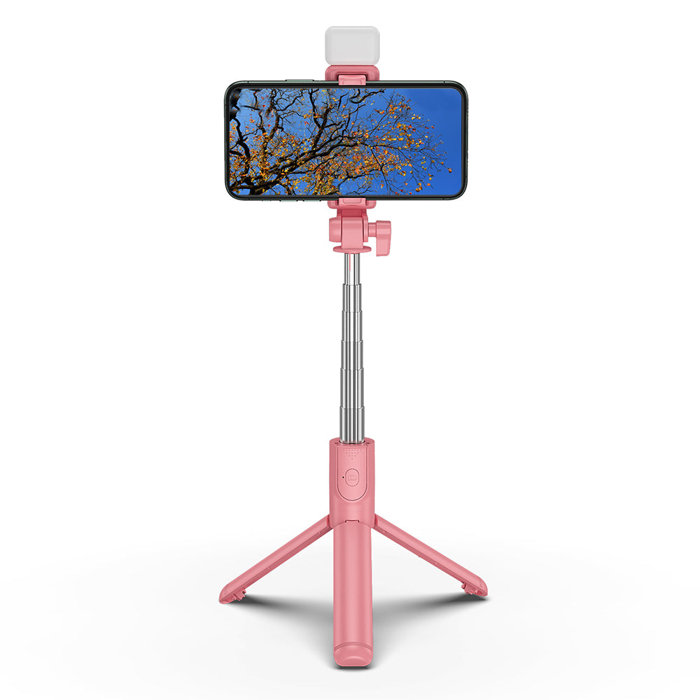 H1S 100cm Retractable Integrated Bluetooth Tripod Phone Holder Portable Adjustable Selfie Stick with Light - Pink