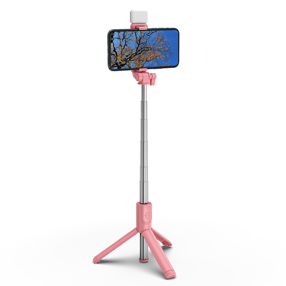 H1S 100cm Retractable Integrated Bluetooth Tripod Phone Holder Portable Adjustable Selfie Stick with Light - Pink