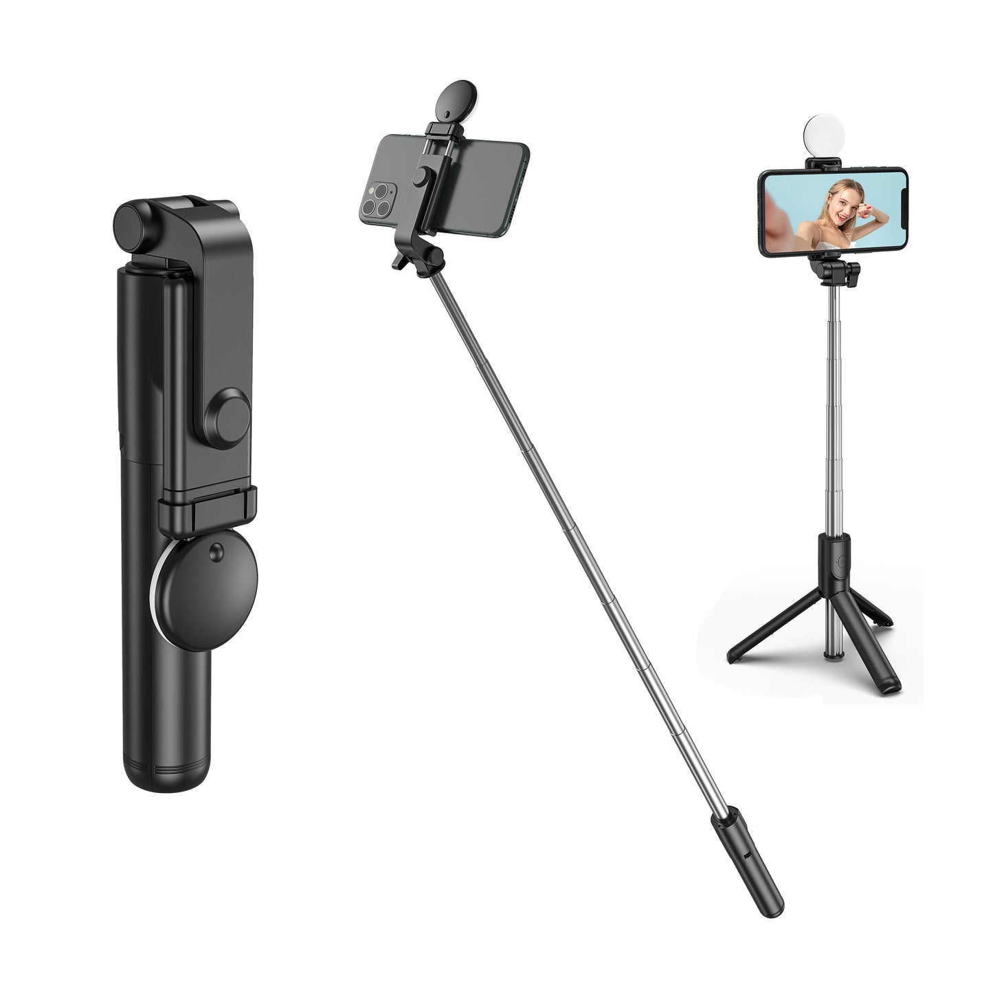 H1X 100cm Retractable Bluetooth Tripod Phone Holder Portable Adjustable Selfie Stick with Round Light - Black