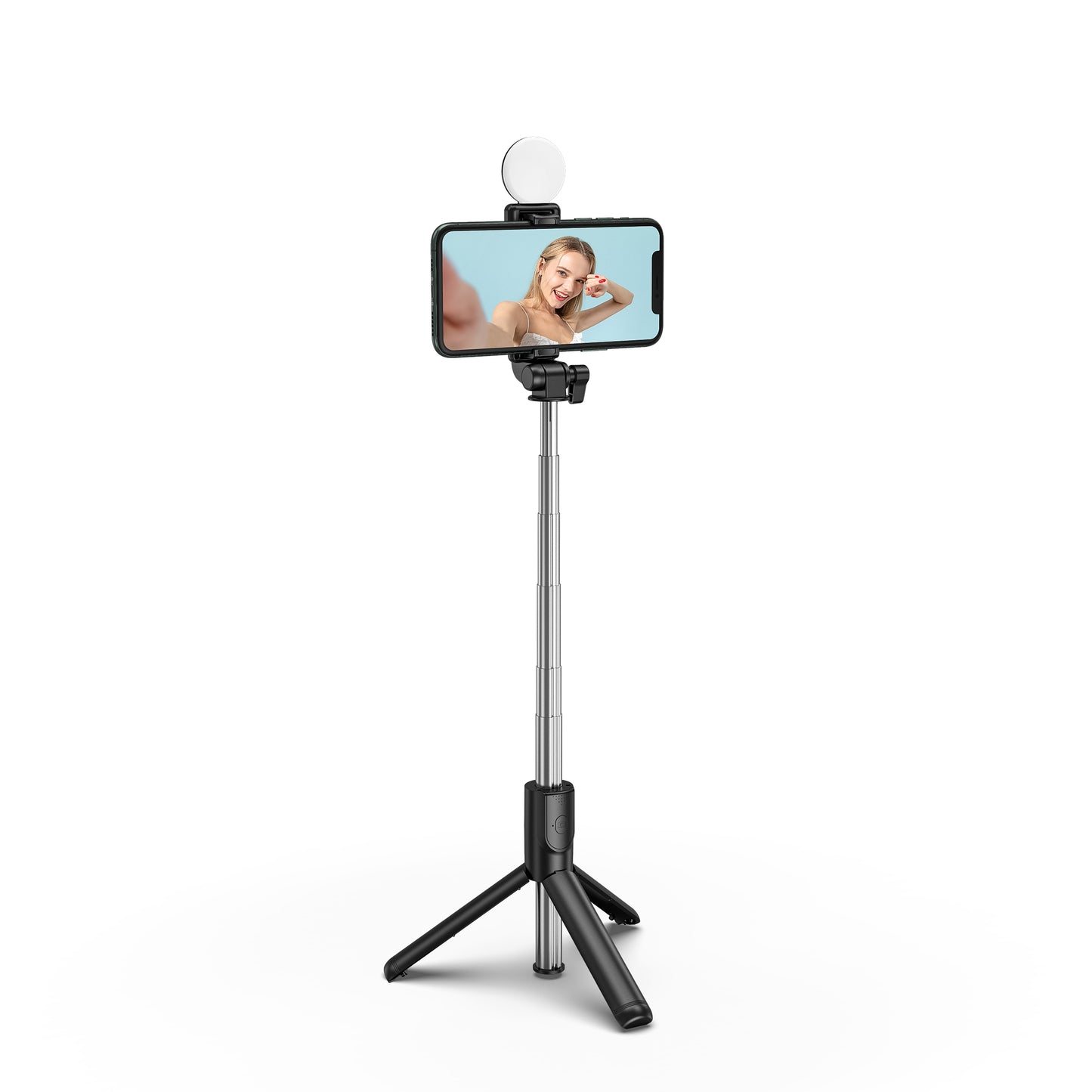 H1X 100cm Retractable Bluetooth Tripod Phone Holder Portable Adjustable Selfie Stick with Round Light - Black