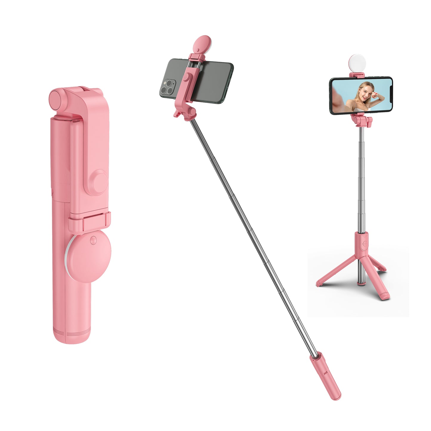 H1X 100cm Retractable Bluetooth Tripod Phone Holder Portable Adjustable Selfie Stick with Round Light - Pink