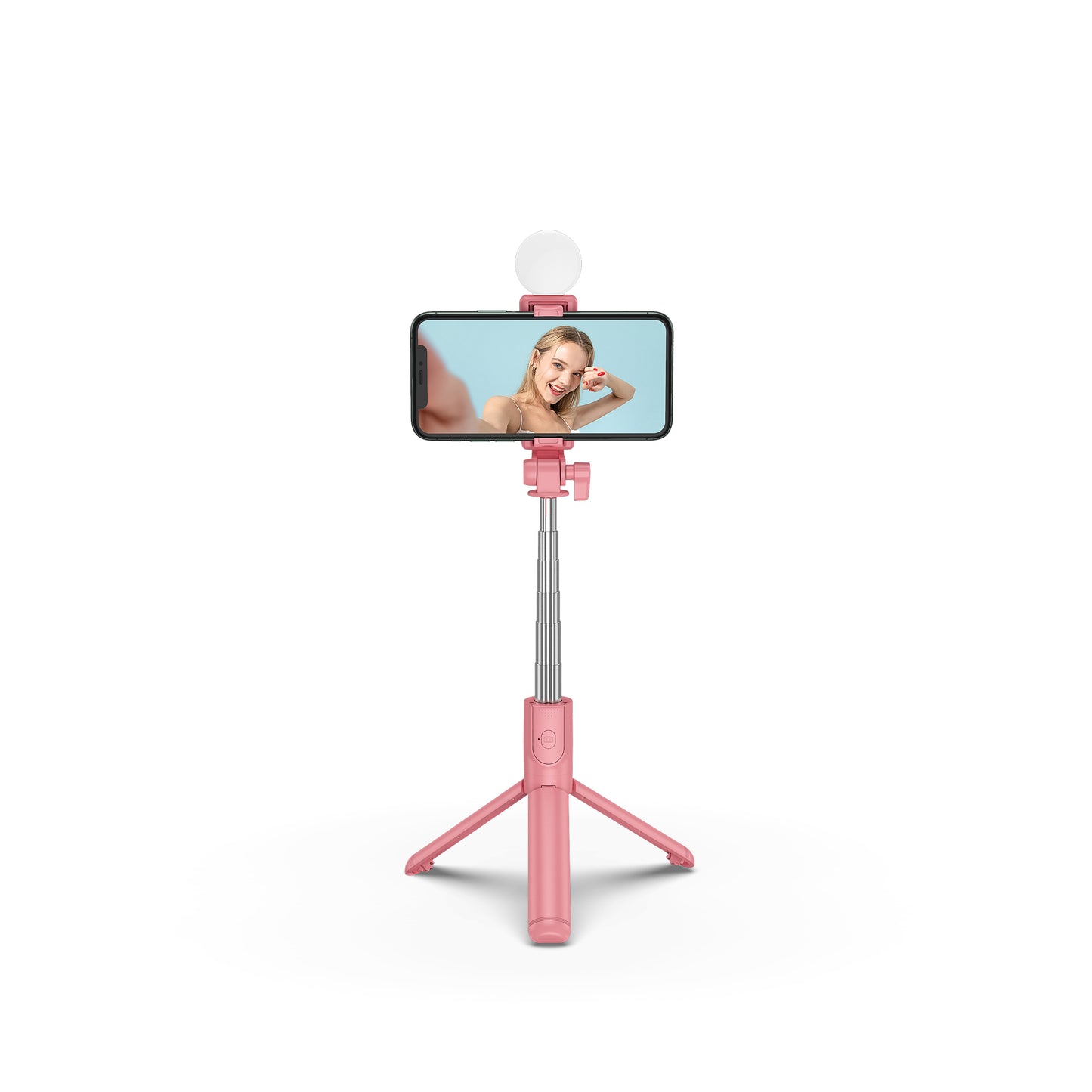 H1X 100cm Retractable Bluetooth Tripod Phone Holder Portable Adjustable Selfie Stick with Round Light - Pink