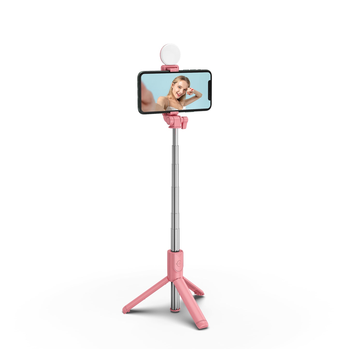 H1X 100cm Retractable Bluetooth Tripod Phone Holder Portable Adjustable Selfie Stick with Round Light - Pink