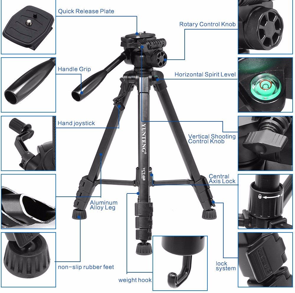YUNTENG VCT-668 Professional Portable Aluminum Alloy Tripod Stand Extendable Photography Tripod with Gimbal Stabilizer for SLR/Mobile Phones