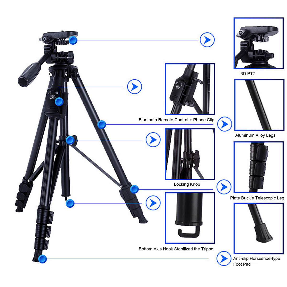 YUNTENG DV-211N Aluminum Tripod Extendable Photography Tripod with 3-direction Gimbal + Bluetooth Remote Control + Mobile Phone Holder