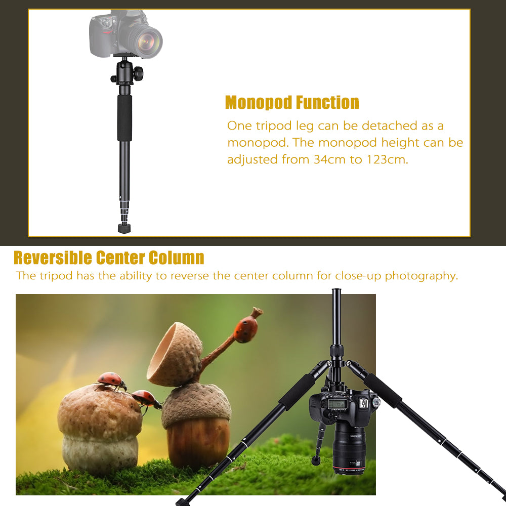 Uniqkart VCT-190 Professional Camera Tripod Stand Portable Monopod with Ball Head 5-Section Adjustable Camera Tripod for SLR ILDC Camcorder DV