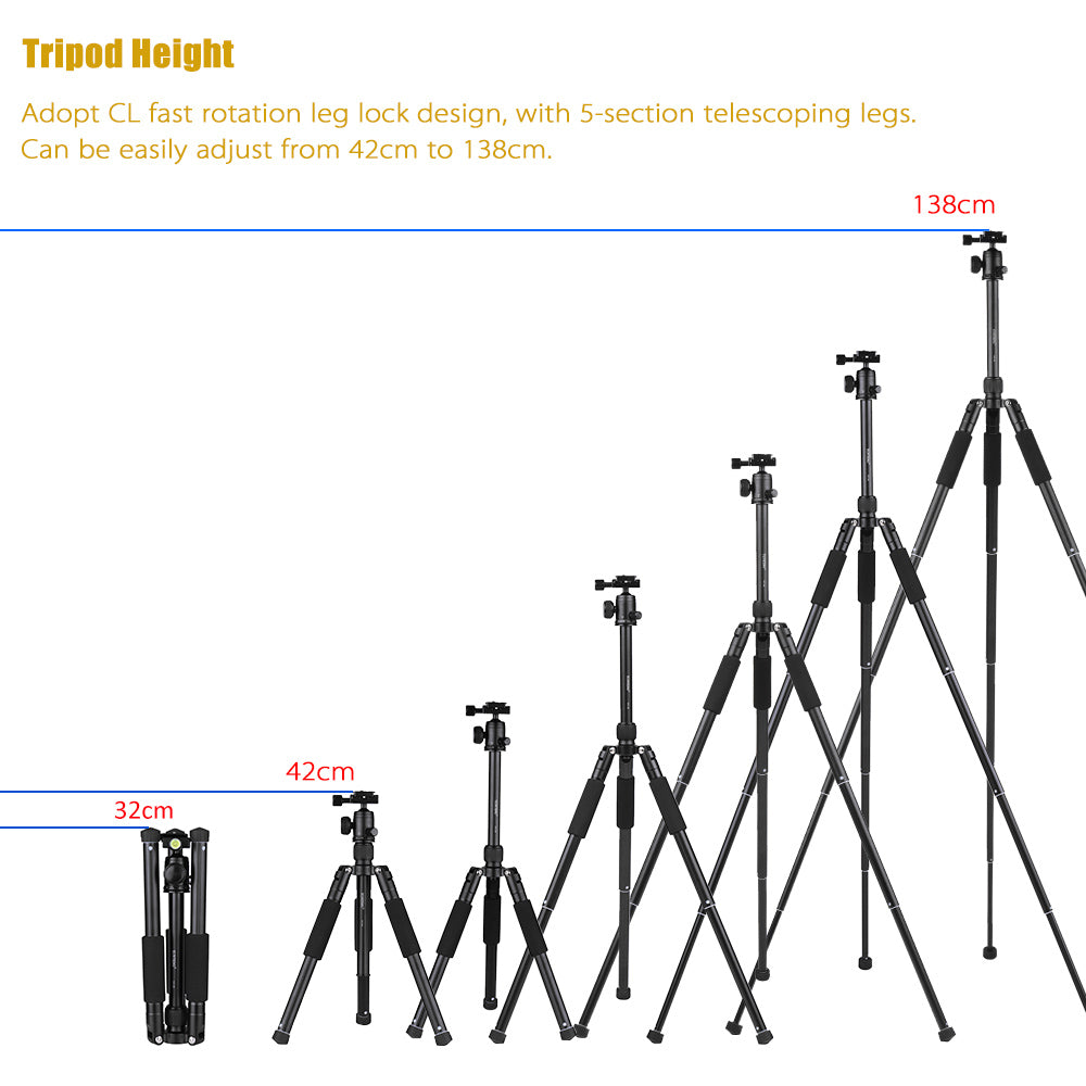 Uniqkart VCT-190 Professional Camera Tripod Stand Portable Monopod with Ball Head 5-Section Adjustable Camera Tripod for SLR ILDC Camcorder DV