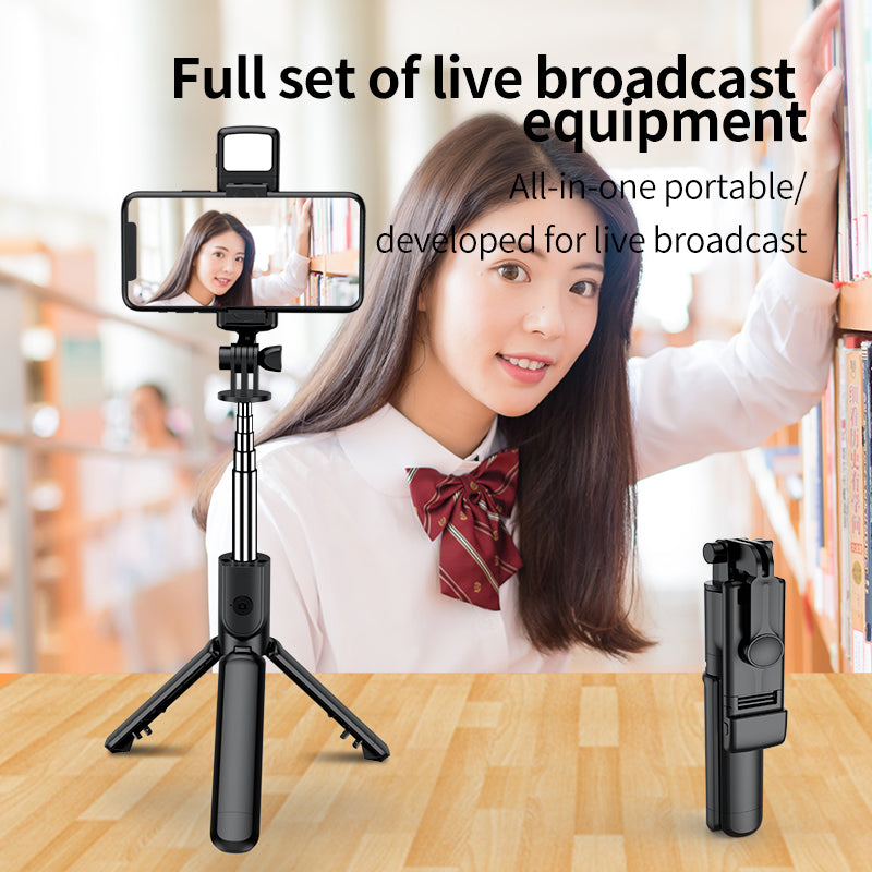 S03-S For Live Broadcast Bluetooth Selfie Stick Telescopic Handheld Monopod + Hidden Tripod with Fill Light