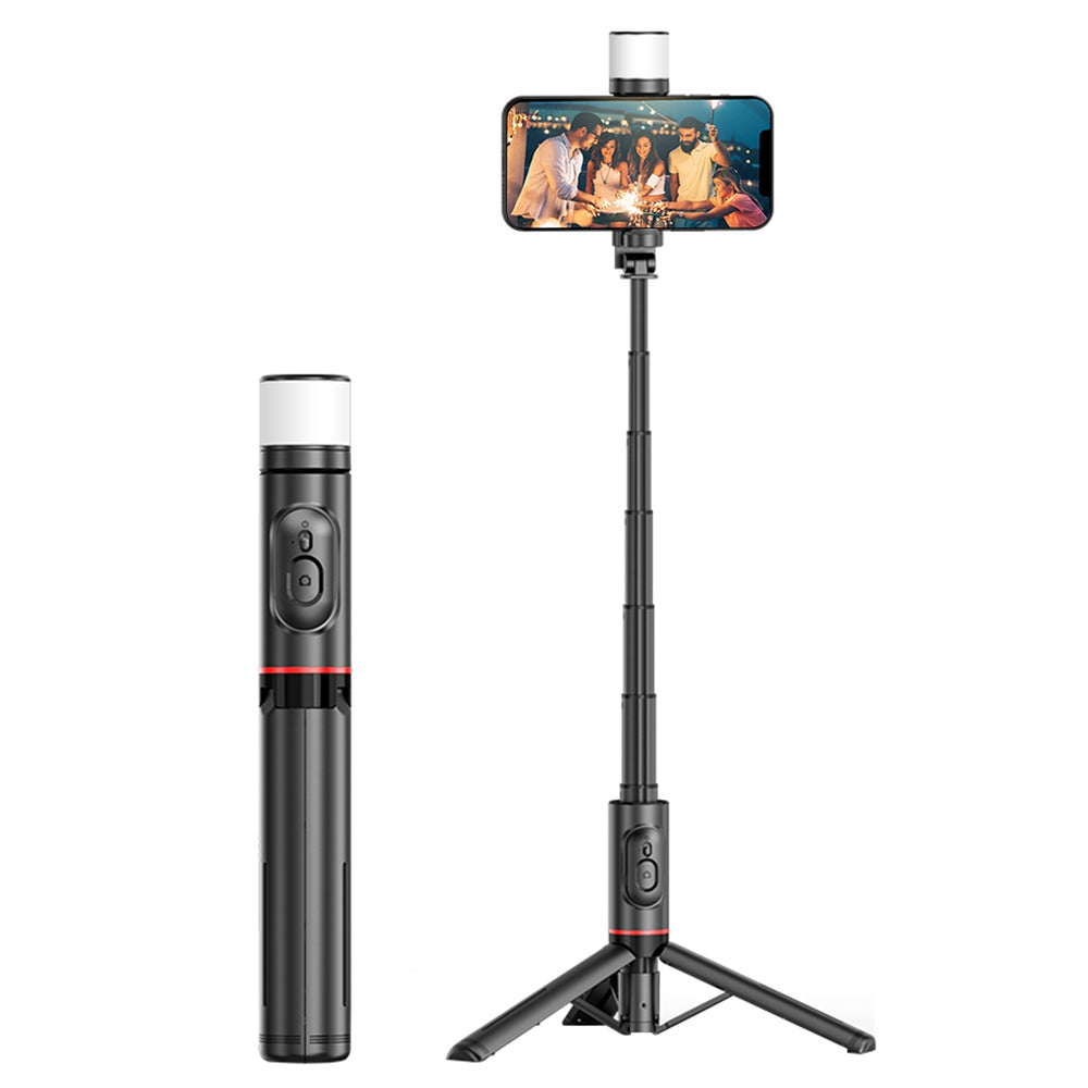 Q12S Extendable Selfie Stick Aluminum Alloy Tripod Stand with Fill Light and Wireless Bluetooth Remote Control Tripod Stand - Black