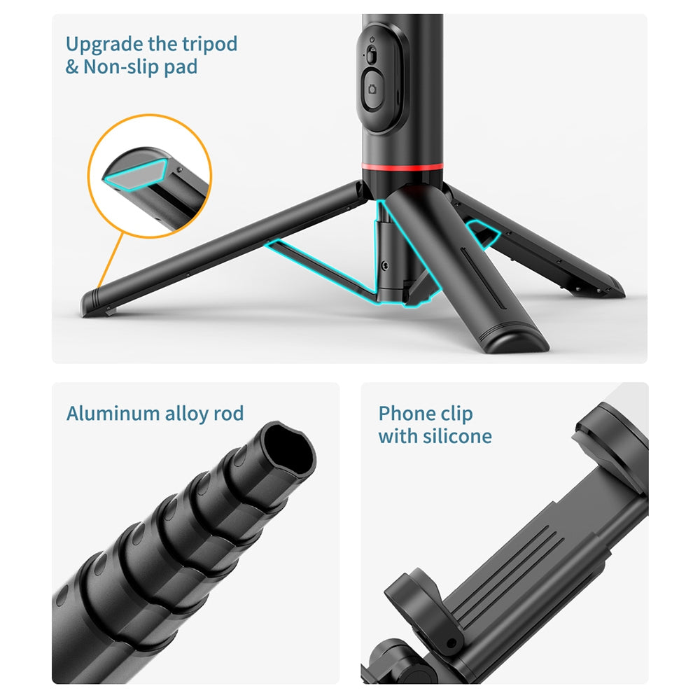 Q12S Extendable Selfie Stick Aluminum Alloy Tripod Stand with Fill Light and Wireless Bluetooth Remote Control Tripod Stand - Black