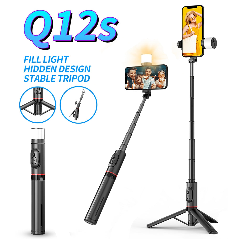 Q12S Extendable Selfie Stick Aluminum Alloy Tripod Stand with Fill Light and Wireless Bluetooth Remote Control Tripod Stand - White