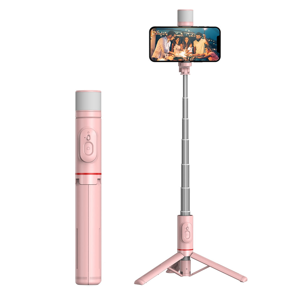 Q12S Extendable Selfie Stick Aluminum Alloy Tripod Stand with Fill Light and Wireless Bluetooth Remote Control Tripod Stand - Pink