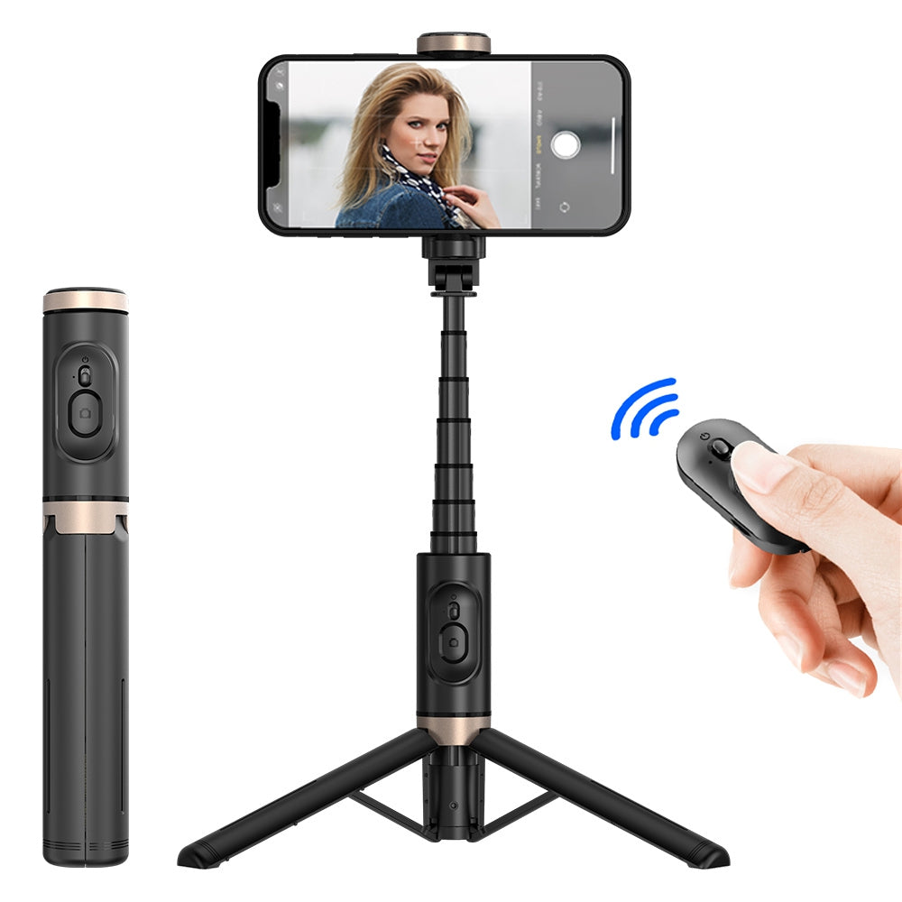 Q12 Mobile Phone Holder Tripod Extendable Aluminium Alloy Pole Live Streaming Selfie Stick with Bluetooth Remote Control - Black