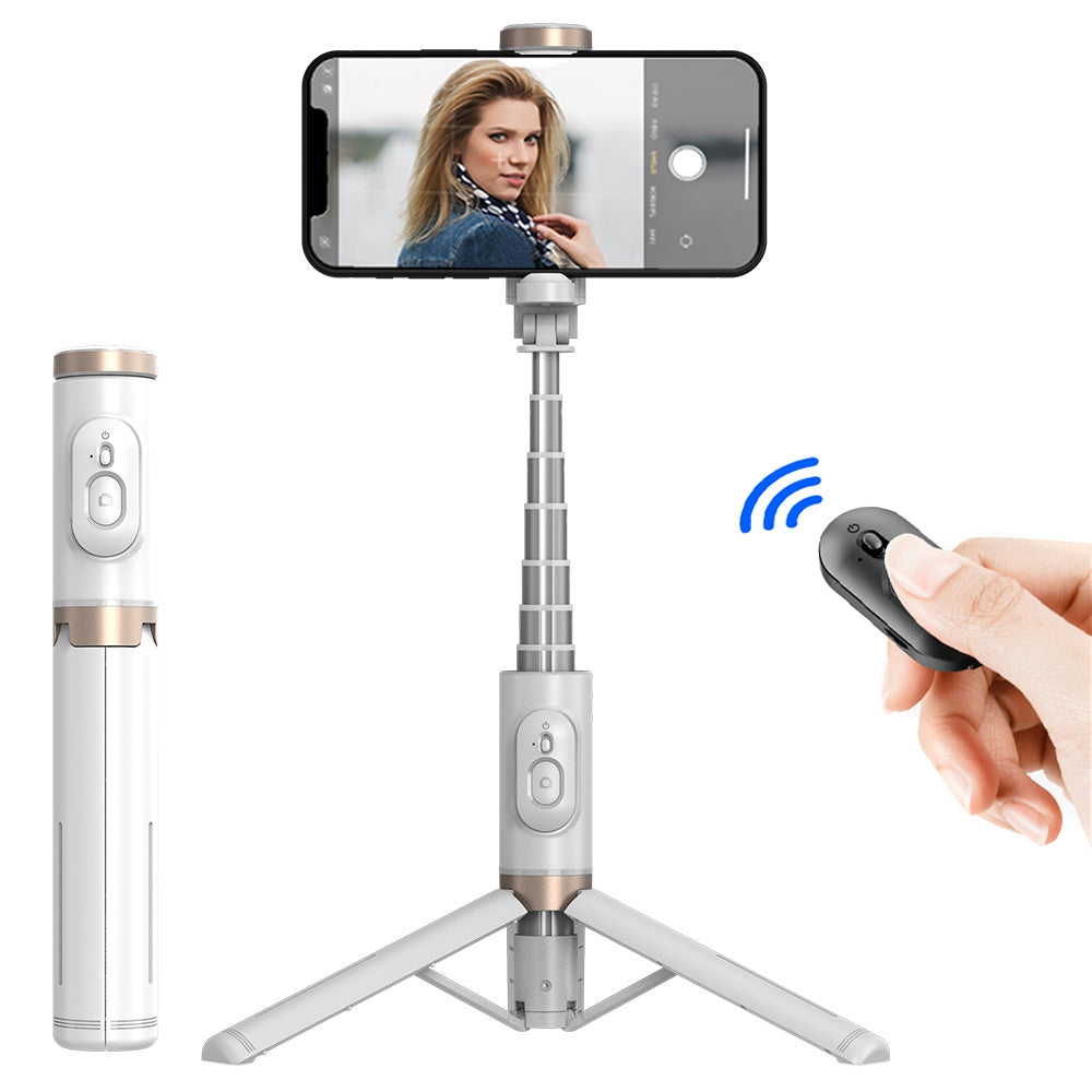 Q12 Mobile Phone Holder Tripod Extendable Aluminium Alloy Pole Live Streaming Selfie Stick with Bluetooth Remote Control - White