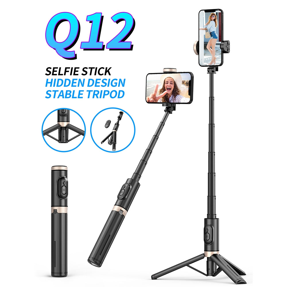 Q12 Mobile Phone Holder Tripod Extendable Aluminium Alloy Pole Live Streaming Selfie Stick with Bluetooth Remote Control - White