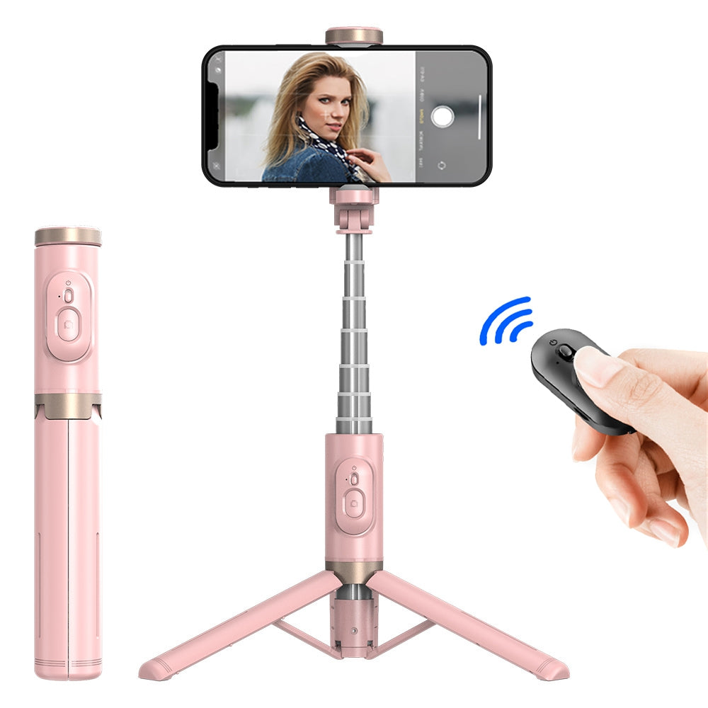 Q12 Mobile Phone Holder Tripod Extendable Aluminium Alloy Pole Live Streaming Selfie Stick with Bluetooth Remote Control - Pink