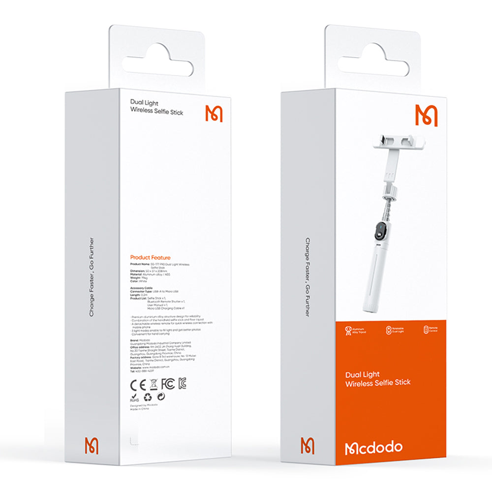 MCDODO MDD SS-1771 Dual Lights Wireless Selfie Stick Portable Tripod Phone Stand with 360-Degree Rotating Phone Clip/Remote for Photography Live Streaming - White