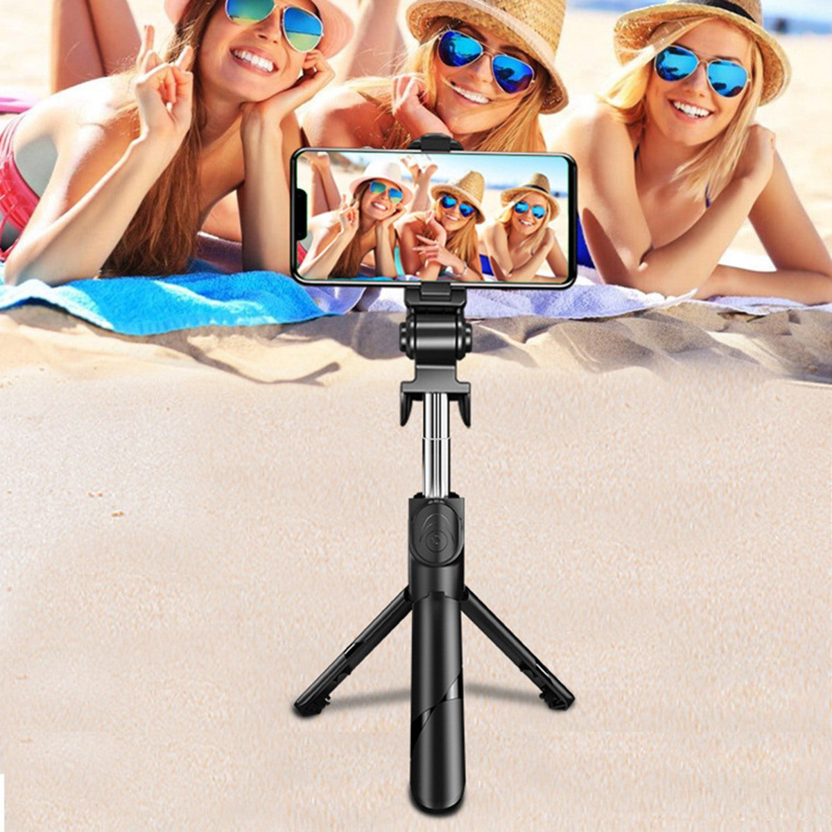 XT02P 100cm Extendable Selfie Stick Bluetooth Remote Control Foldable Tripod Stand - Black
