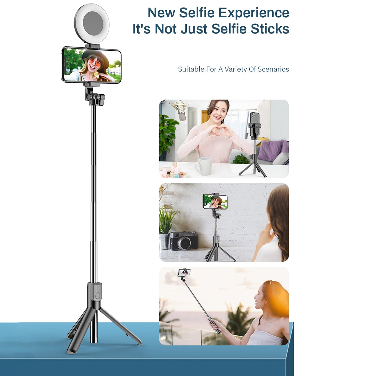 Portable Wireless Selfie Stick Retractable Tripod Phone Stand 360-Degree Rotating Phone Clip with Dual Ring Fill Lights/Remote - Black