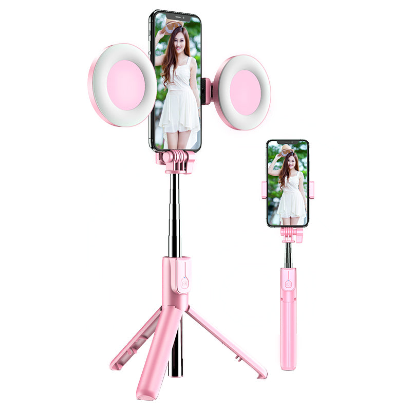 Portable Wireless Selfie Stick Retractable Tripod Phone Stand 360-Degree Rotating Phone Clip with Dual Ring Fill Lights/Remote - Pink