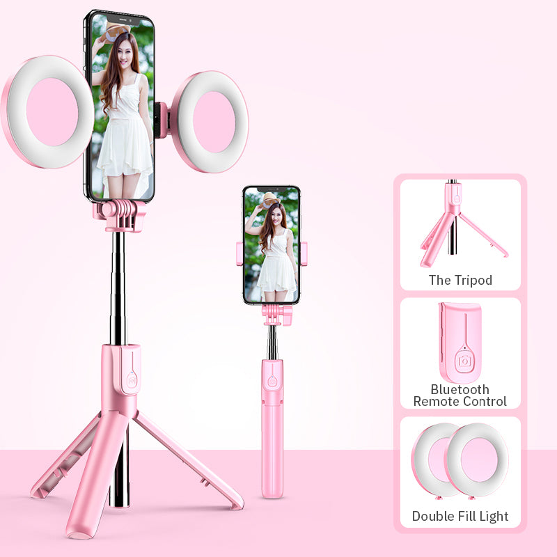 Portable Wireless Selfie Stick Retractable Tripod Phone Stand 360-Degree Rotating Phone Clip with Dual Ring Fill Lights/Remote - Pink