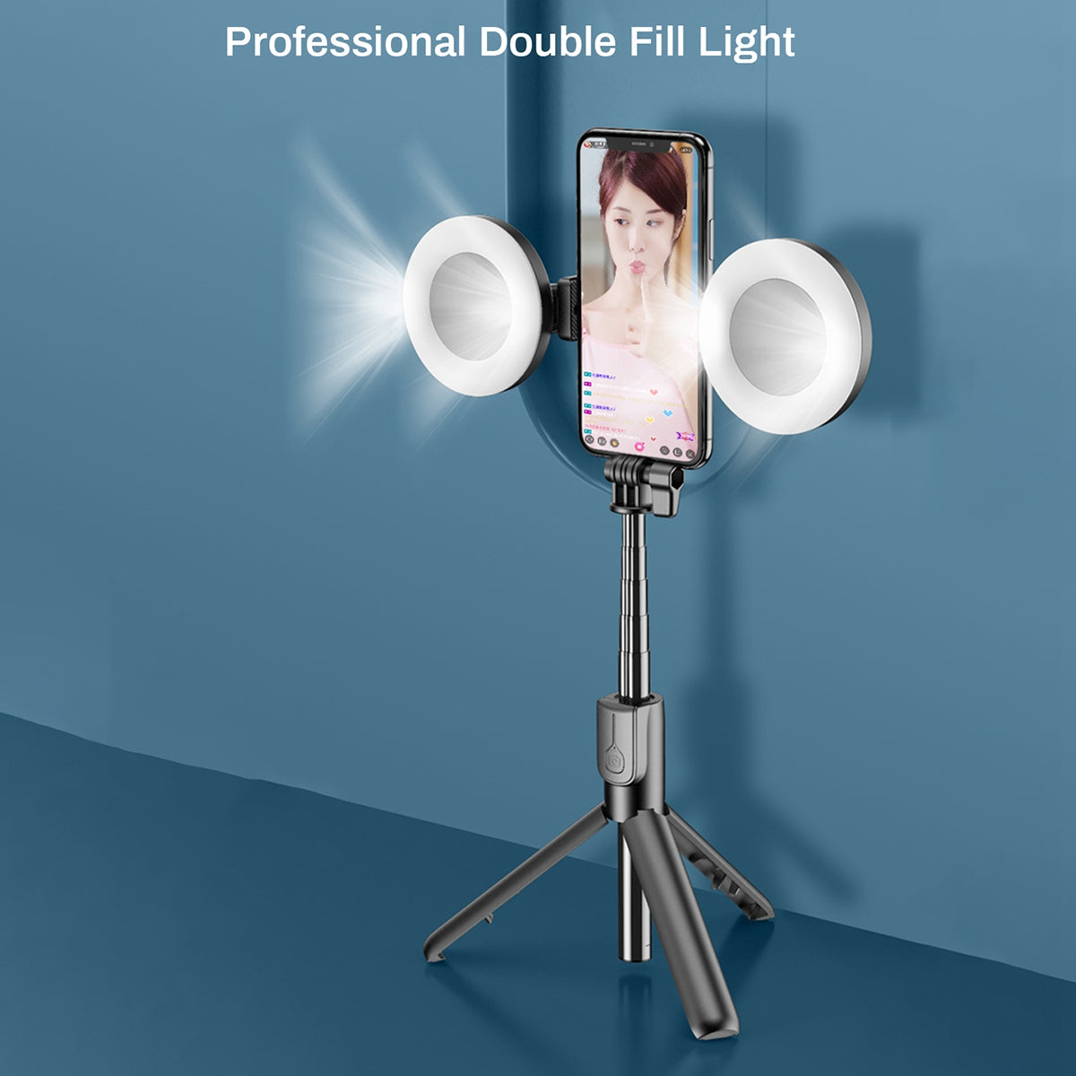 Portable Wireless Selfie Stick Retractable Tripod Phone Stand 360-Degree Rotating Phone Clip with Dual Ring Fill Lights/Remote - Pink