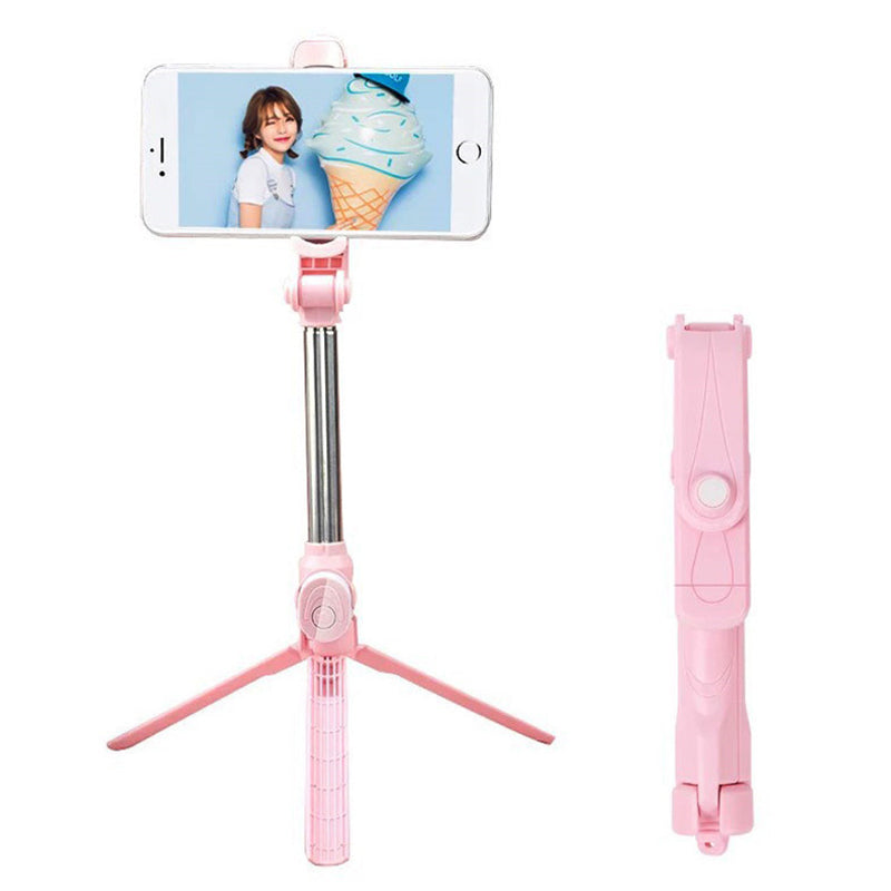 XT10 Wireless Bluetooth Selfie Stick Portable Folding Mini Selfie Stick Retractable Tripod Stand with 360-Degree Rotating Phone Holder - Pink