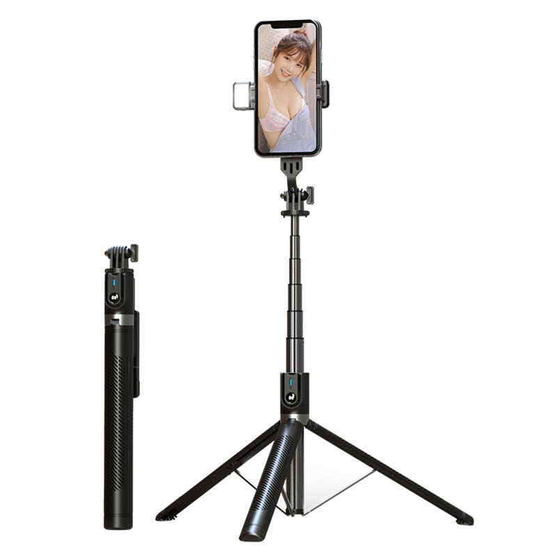 P100D 1.8m Aluminum Alloy Bluetooth Selfie Stick Portable Tripod Stand Adjustable Phone Holder with Single Fill Light Support 360-Degree Rotating for iPhone Samsung