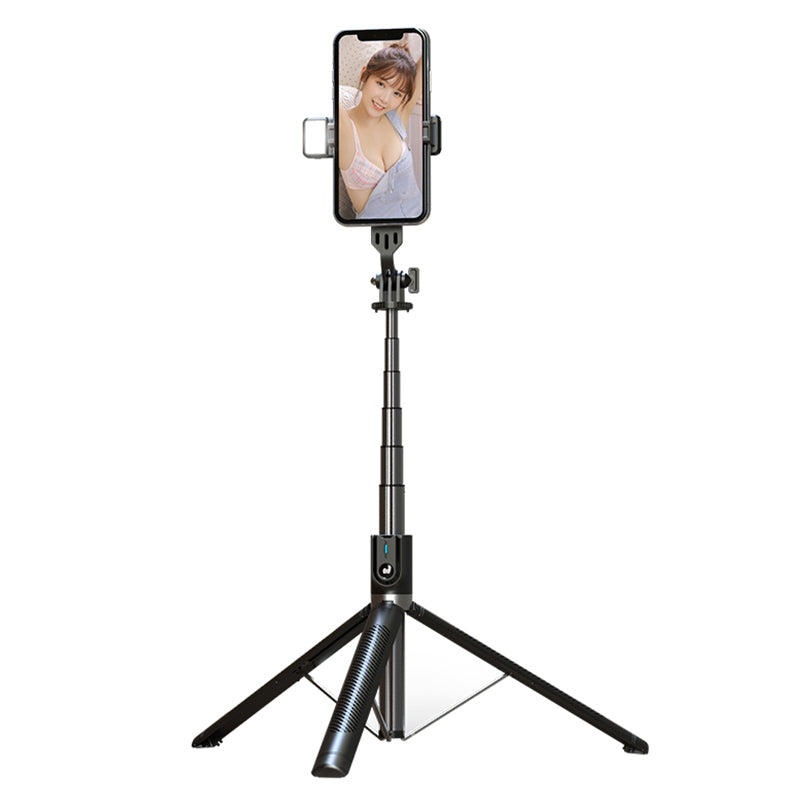 P100D 1.8m Aluminum Alloy Bluetooth Selfie Stick Portable Tripod Stand Adjustable Phone Holder with Single Fill Light Support 360-Degree Rotating for iPhone Samsung