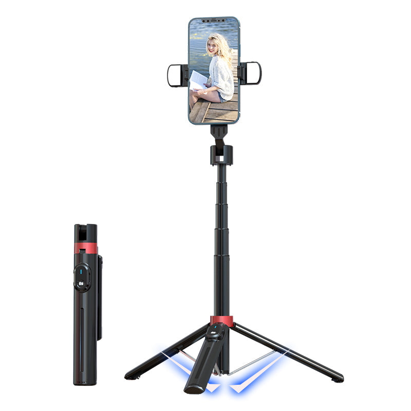 P140D-2 1.4m Portable Bluetooth Selfie Stick Extendable Tripod Phone Stand with Dual Fill Lights Support 360-Degree Rotating Photography Devices - Black