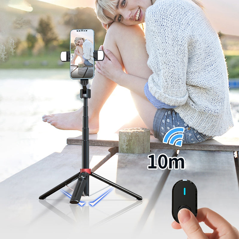 P140D-2 1.4m Portable Bluetooth Selfie Stick Extendable Tripod Phone Stand with Dual Fill Lights Support 360-Degree Rotating Photography Devices - Black