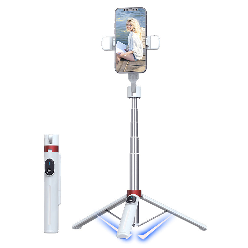 P140D-2 1.4m Portable Bluetooth Selfie Stick Extendable Tripod Phone Stand with Dual Fill Lights Support 360-Degree Rotating Photography Devices - White