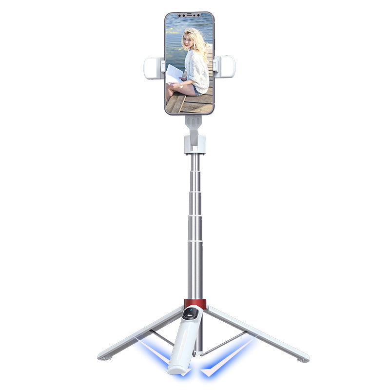 P140D-2 1.4m Portable Bluetooth Selfie Stick Extendable Tripod Phone Stand with Dual Fill Lights Support 360-Degree Rotating Photography Devices - White