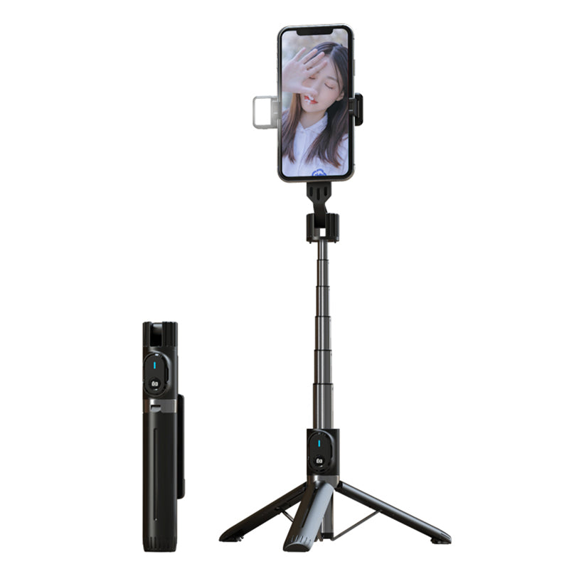 P90D Selfie Stick Phone Clip Holder Wireless Bluetooth Remote Control Portable 1.1m Tripod Stand with One Fill Light - Black