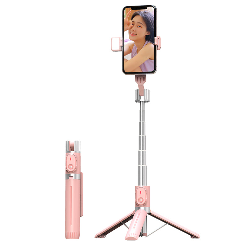 P90D Selfie Stick Phone Clip Holder Wireless Bluetooth Remote Control Portable 1.1m Tripod Stand with One Fill Light - Pink