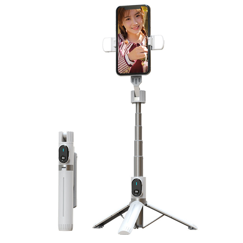 P90D-2 1.1m Extension Tripod Stand Phone Clip Holder Wireless Remote Controlled Selfie Stick with Dual Fill Lights - White