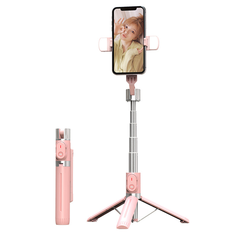 P90D-2 1.1m Extension Tripod Stand Phone Clip Holder Wireless Remote Controlled Selfie Stick with Dual Fill Lights - Pink