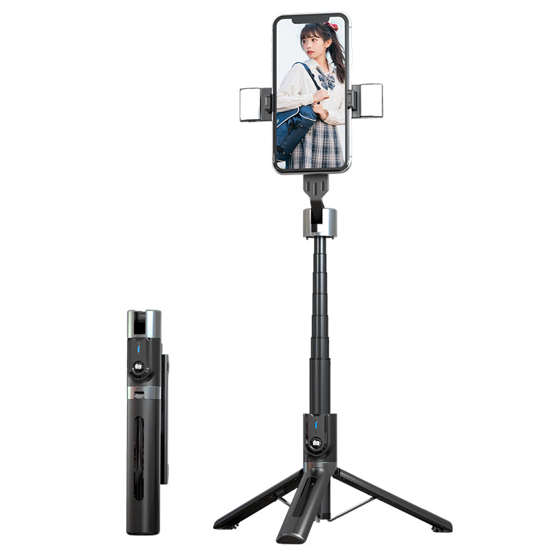 P96D-2 Upgraded Stability 1.1m Extendable Selfie Stick Bluetooth Remote Control Tripod with Dual Fill Lights - Black