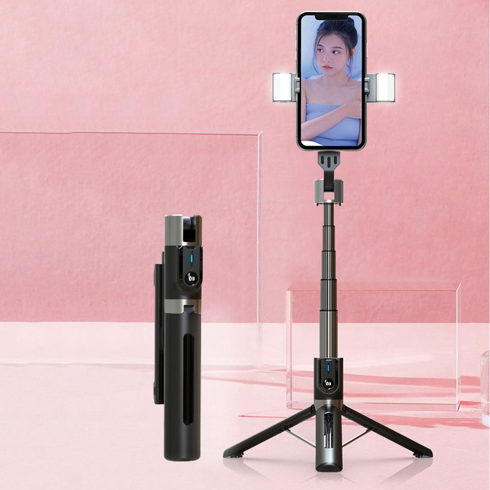 P96D-2 Upgraded Stability 1.1m Extendable Selfie Stick Bluetooth Remote Control Tripod with Dual Fill Lights - Black