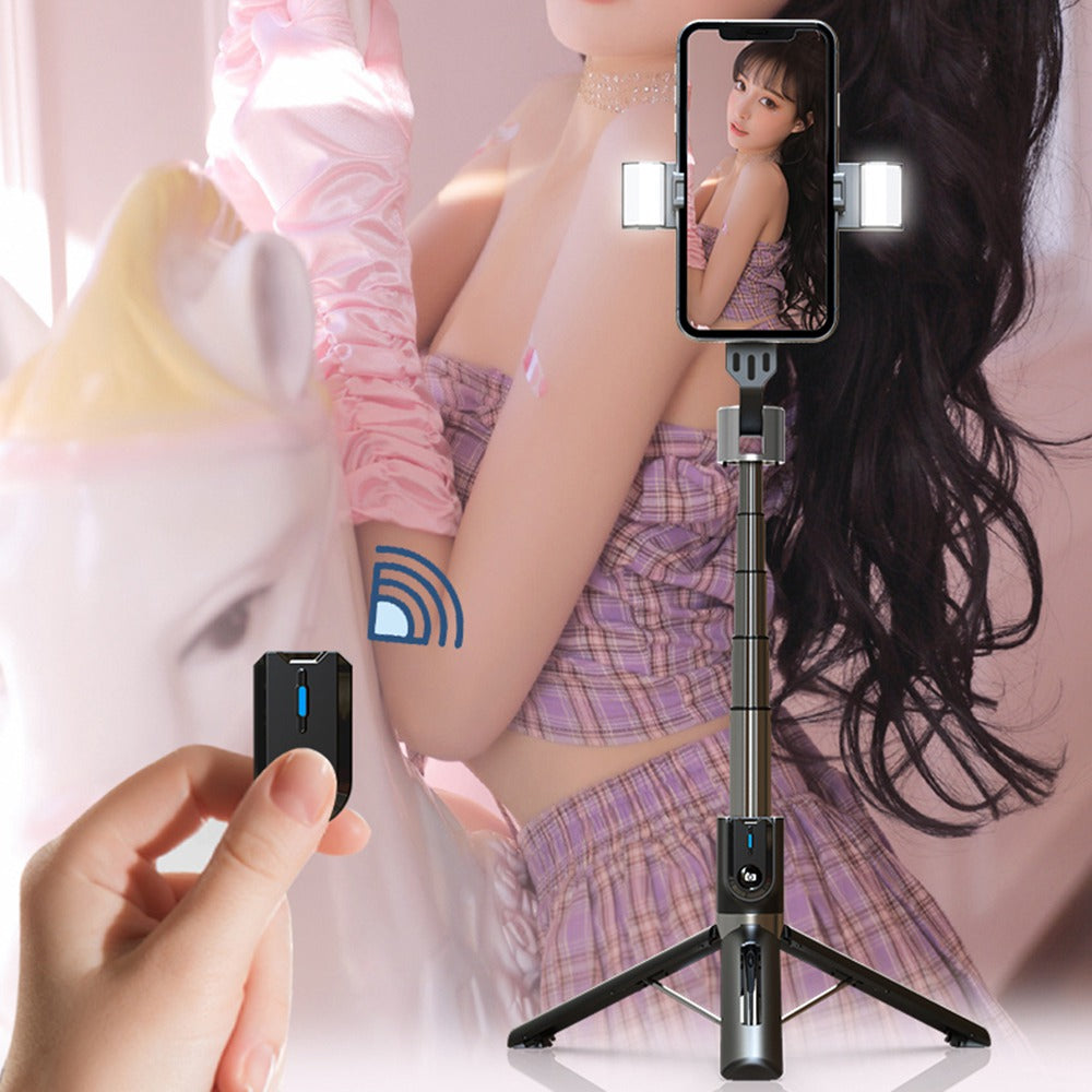 P96D-2 Upgraded Stability 1.1m Extendable Selfie Stick Bluetooth Remote Control Tripod with Dual Fill Lights - Black