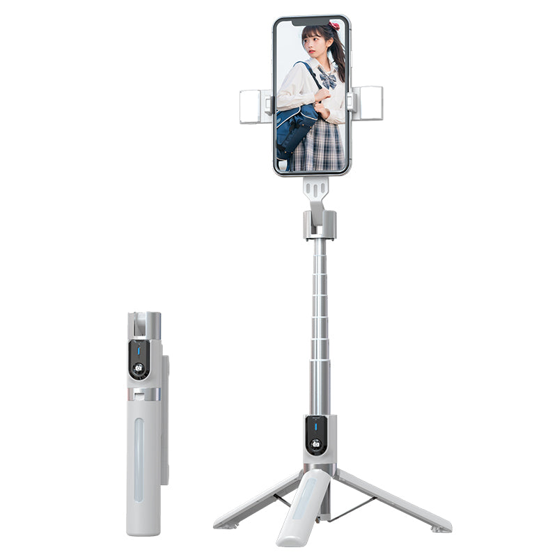 P96D-2 Upgraded Stability 1.1m Extendable Selfie Stick Bluetooth Remote Control Tripod with Dual Fill Lights - White