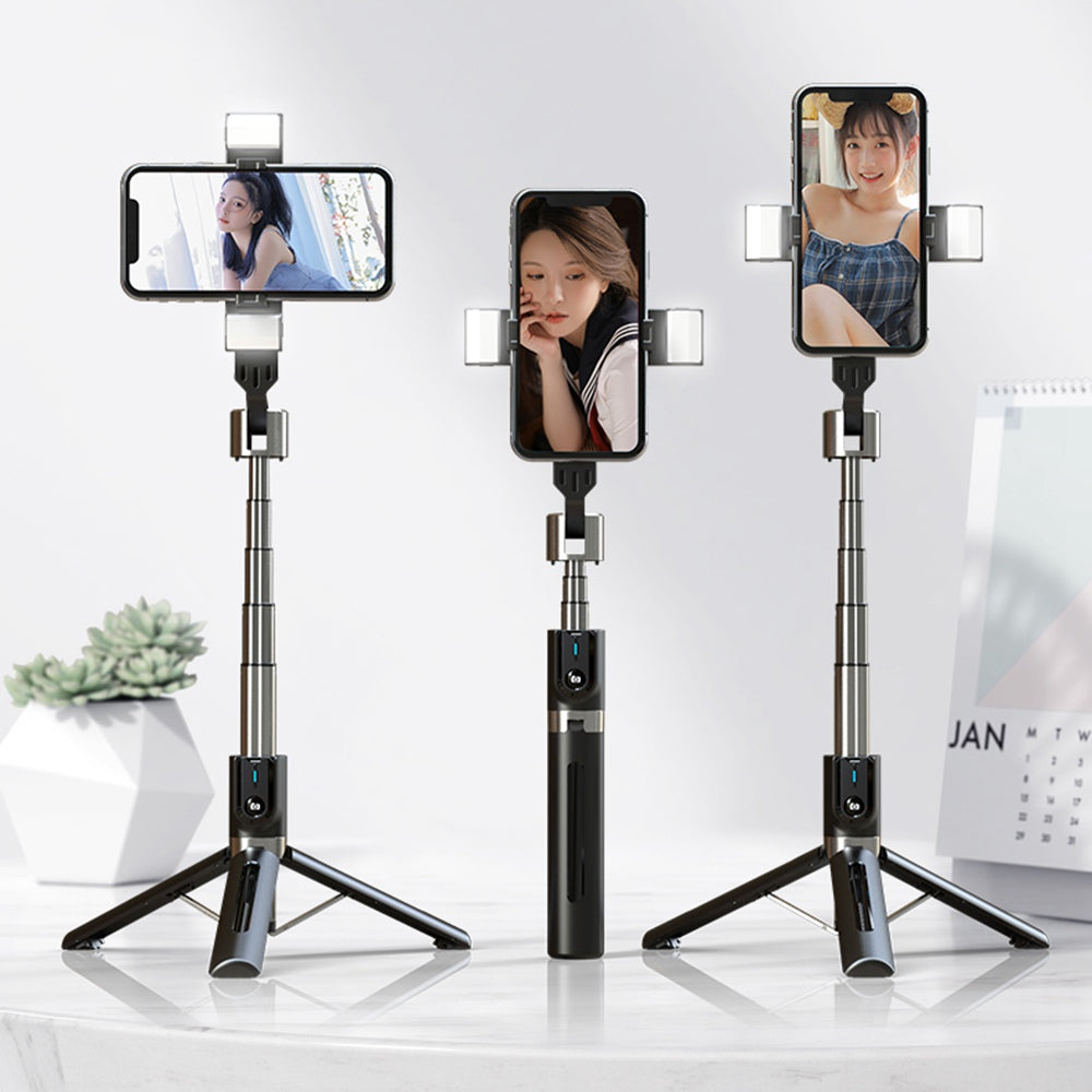 P96D-2 Upgraded Stability 1.1m Extendable Selfie Stick Bluetooth Remote Control Tripod with Dual Fill Lights - White