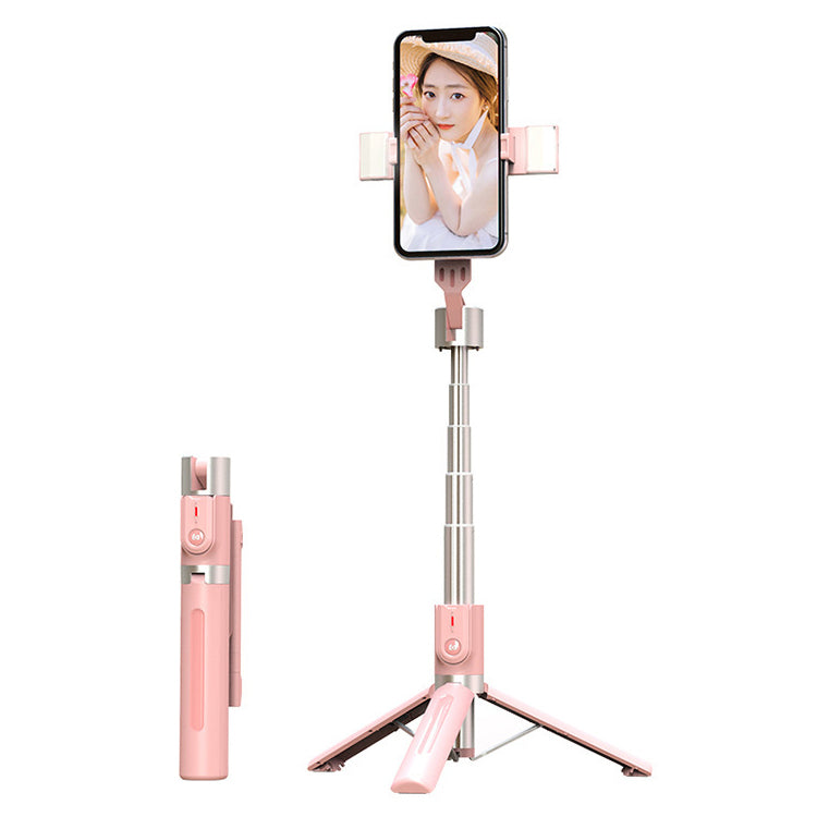 P96D-2 Upgraded Stability 1.1m Extendable Selfie Stick Bluetooth Remote Control Tripod with Dual Fill Lights - Pink